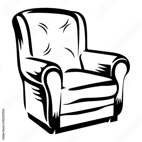Stylized black and white drawing of a comfy armchair illustration