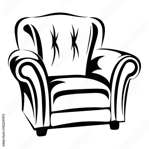 Dramatic black and white illustration of a luxurious upholstered armchair, modern design