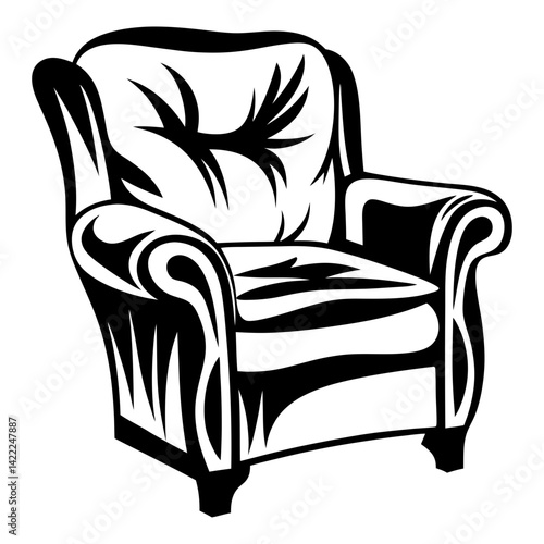 Stylized Black and White Illustration of a Classic Upholstered Armchair
