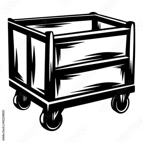 Stylized illustration of a wheeled cart crate in black and white