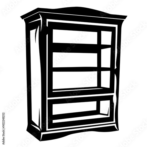 Black and white vector illustration of a stylish bookshelf or display cabinet