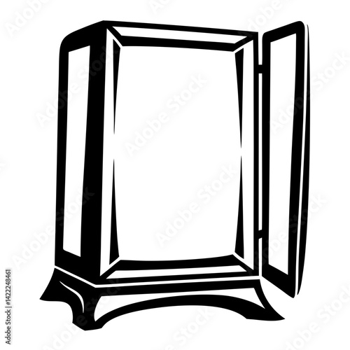 Stylized black and white illustration of an open wardrobe with elegant legs