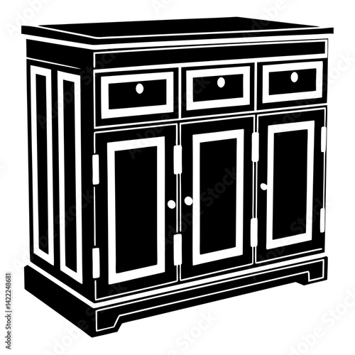 Illustration of a Black and White Cabinet with Three Drawers and Doors