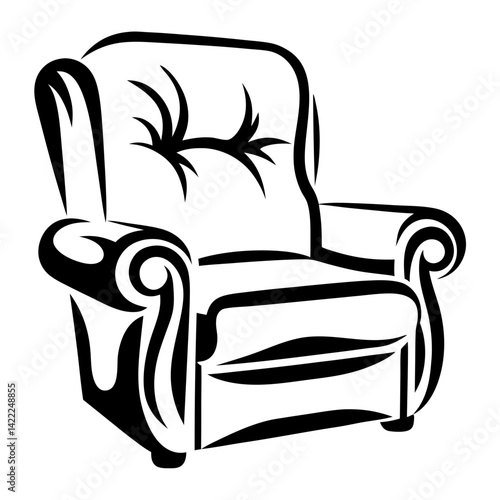 Intricate line drawing of an upholstered armchair with ornate armrests design