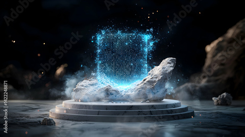 A digital data portal emerges from a stone structure on a stage. The image suggests technological advancements or abstract concepts. Use it for futuristic art.
