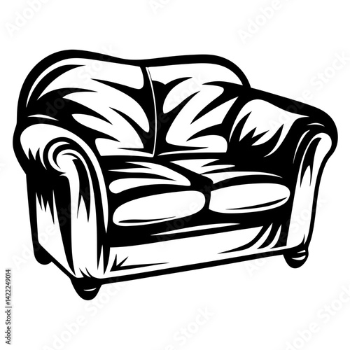 Monochrome illustration of a comfortable twoseater sofa with curved armrests design