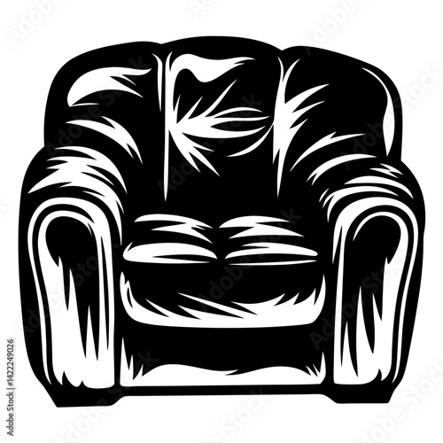 Monochrome drawing of a comfortable plush armchair with classic design features