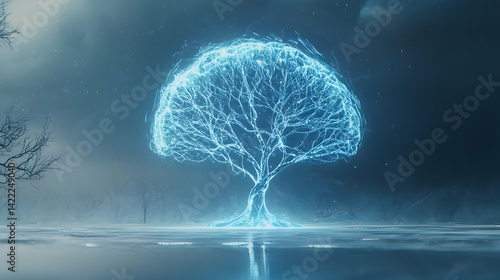 A luminous tree glows against a moody sky. Could be used for fantasy art a science fiction backdrop or a design for a futuristic aesthetic or even a sci-fi fantasy game environment.