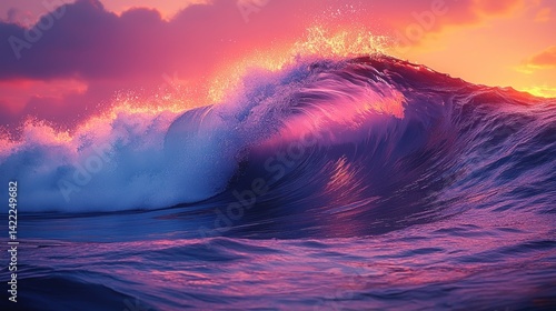 Majestic Ocean Wave at Sunset: A Symphony of Pink and Purple Hues