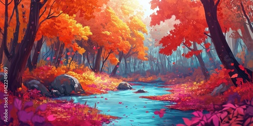 Vibrant autumn forest landscape with colorful foliage and serene stream
