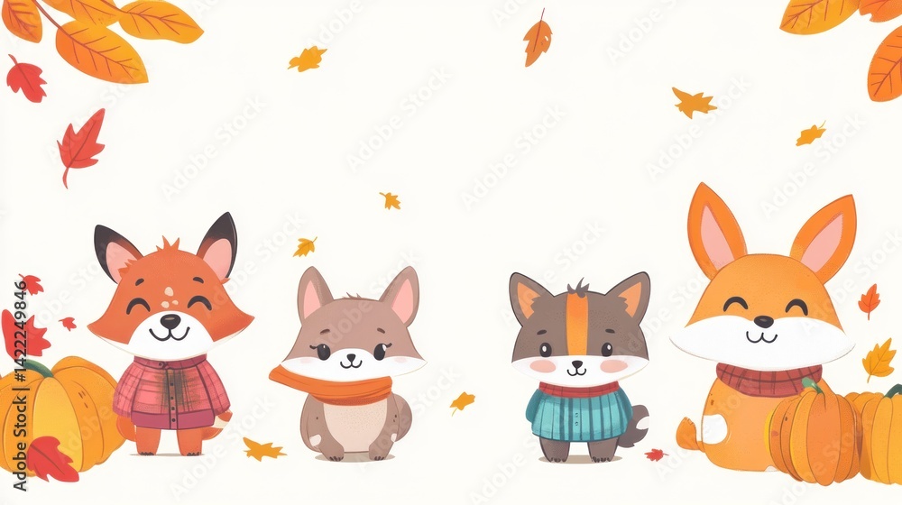 Obraz premium Cute autumnal foxes and dogs with fall leaves