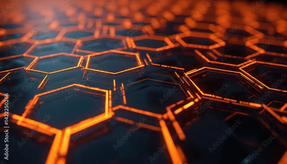 Obraz premium Illustration of glowing honeycomb structure. High tech background with hexagon cells. Neon orange light emphasizes tech innovation future. Digital network, connection, data, ai, blockchain concepts.