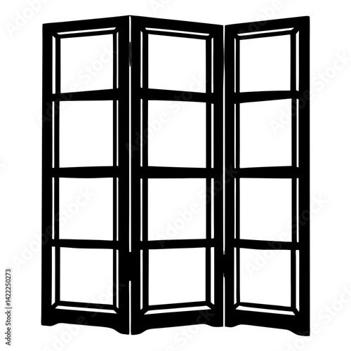Three Panel Folding Screen in Black with Eight Panes Total Sketch