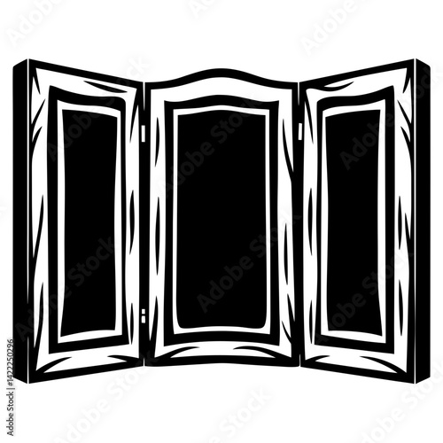 Black and white illustration of a vintage threepanel dressing screen