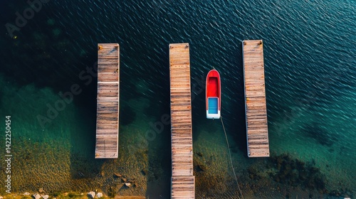 Aerial View of Red Boat Moored at Wooden Docks in Serene Teal Water