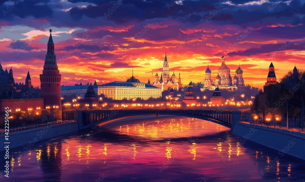 Fototapeta premium Stunning sunset over Moscow showcasing Kremlin and St. Basil's Cathedral