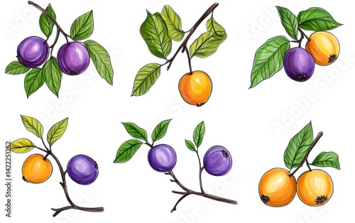 Hand Drawn Purple and Orange Berries on Branches Illustration