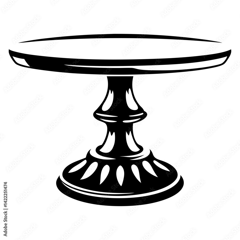 Monochrome illustration of a cake stand with a pedestal base and curved accents Monochrome illustration of a cake stand with a pedestal base and curved accents
