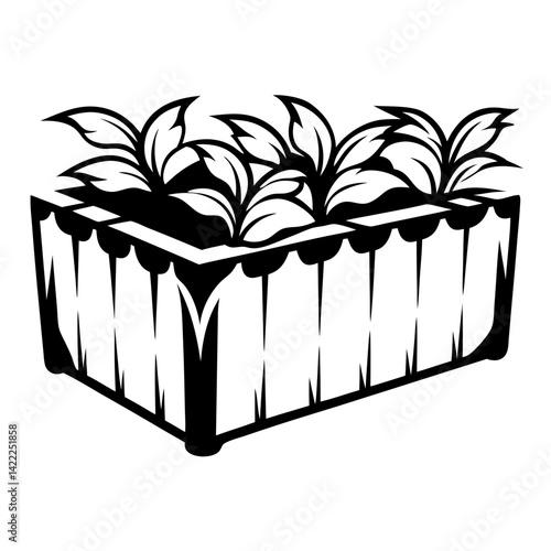 Black and white illustration of plants in a stylized planter box