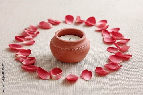 Handcrafted Clay Candle Holder Surrounded by Rose Petals for Vesak Celebration With Serene Ambiance