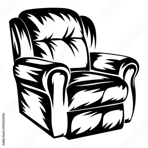 Stylized black and white illustration of a comfortable armchair or recliner