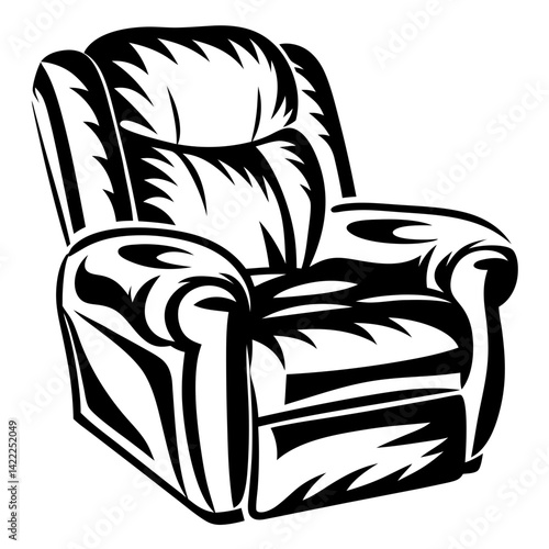 Black and white vector illustration of a comfortable recliner chair