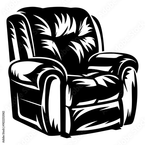 Black and white cartoon vector graphic of a comfortable looking armchair