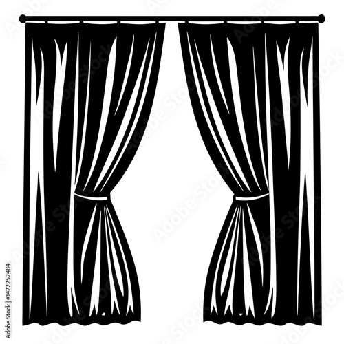 Elegant black and white curtains tied back, revealing an empty stage
