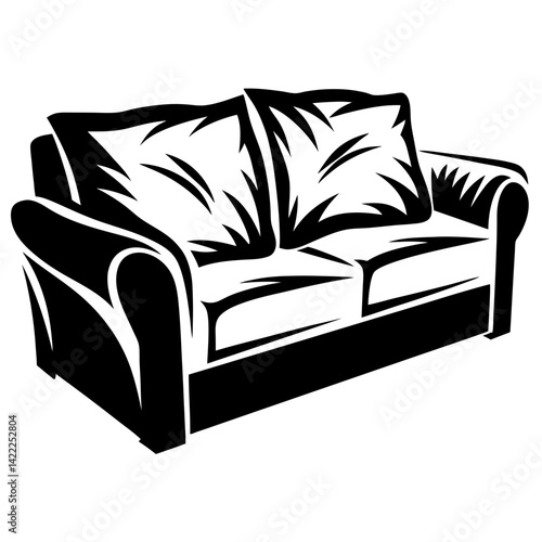 Stylized monochrome illustration of a loveseat sofa with pillows for two