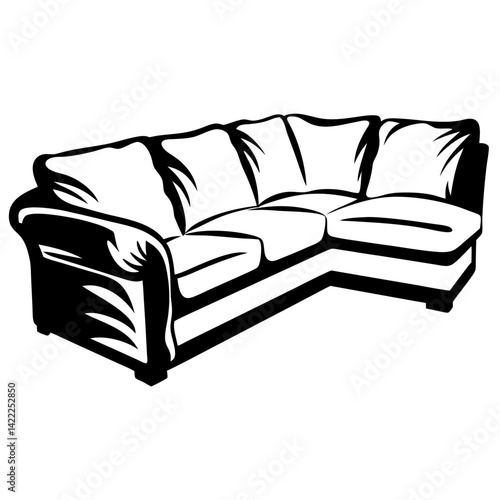 Black and white illustration of a sectional sofa with plush cushions