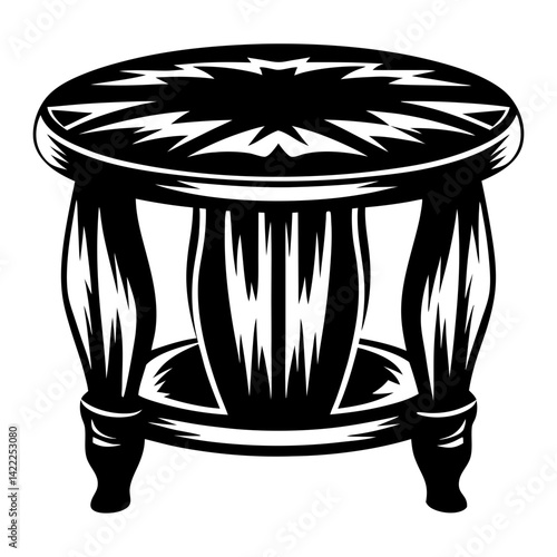 Stylized Black and White Illustration of a Round Wooden Stool or Ottoman