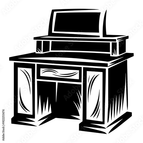 Black and white illustration of a vintage vanity dressing table with mirror