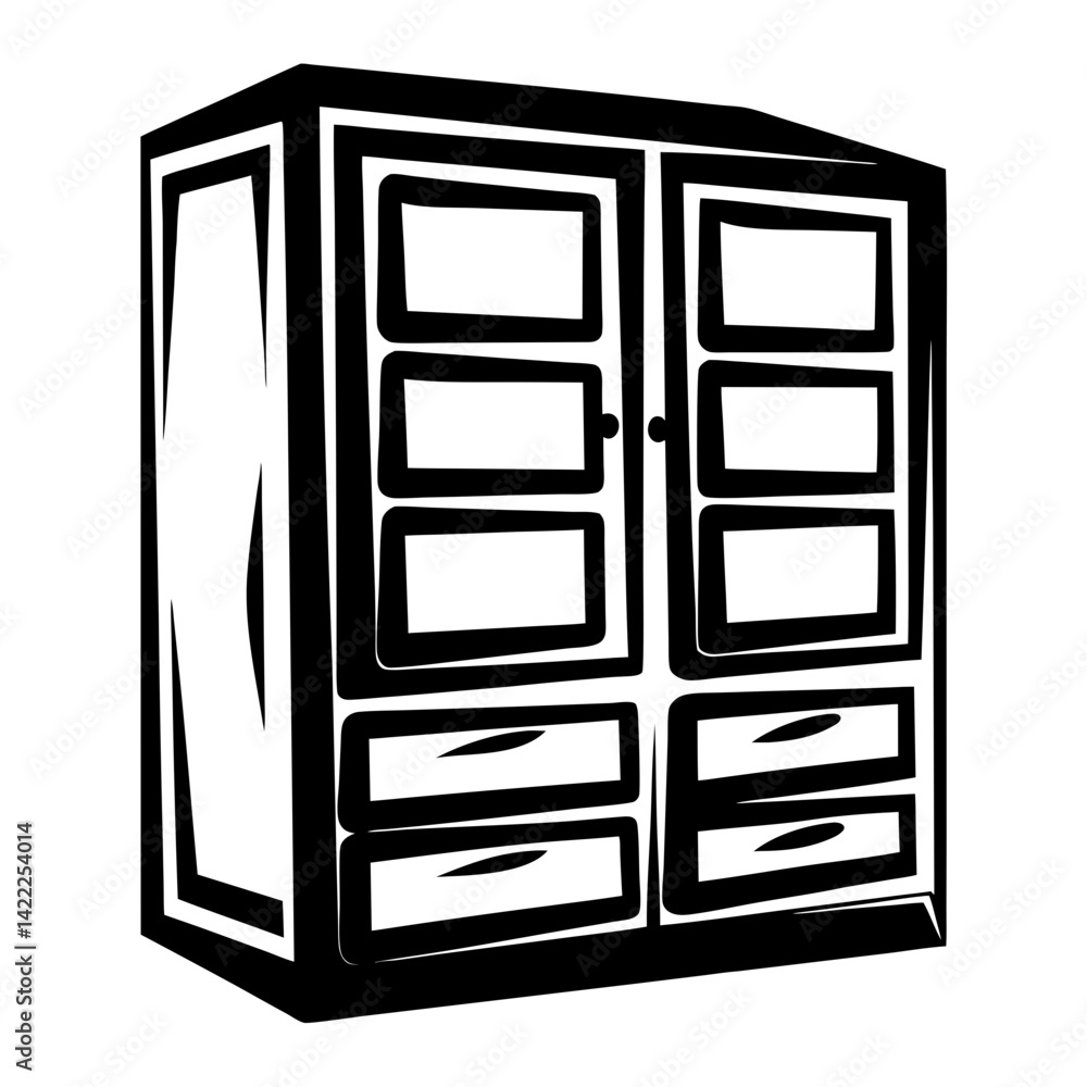 Stylized wardrobe with drawers and doors rendered in bold black outlines Stylized wardrobe with drawers and doors rendered in bold black outlines