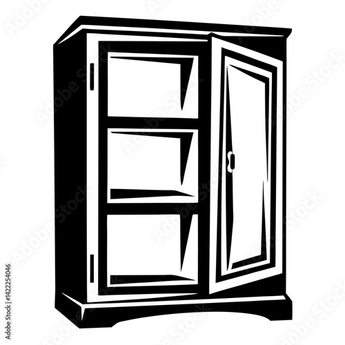 Stylized illustration of an open shelf cabinet in black and white