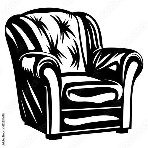 Monochrome depiction of an armchair with plush cushioning and button accents