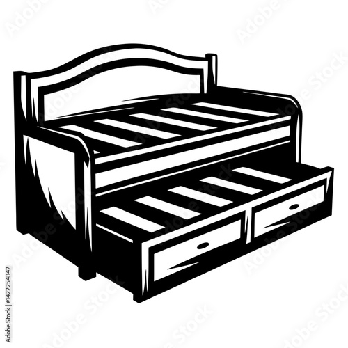 Black and White Artistic Rendering of a Daybed with Storage Drawers