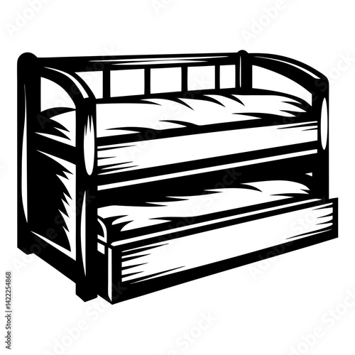 Black and White Illustration of a Trundle Daybed with Two Mattresses
