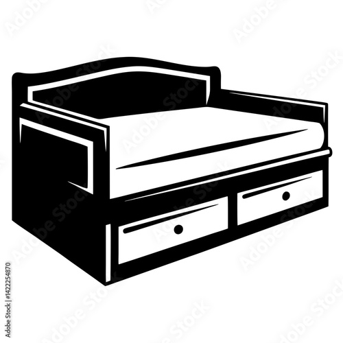 Monochromatic depiction of a daybed featuring integrated storage drawers in black and white