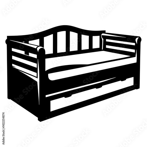 Monochrome illustration of a wooden daybed with a trundle bed and mattress