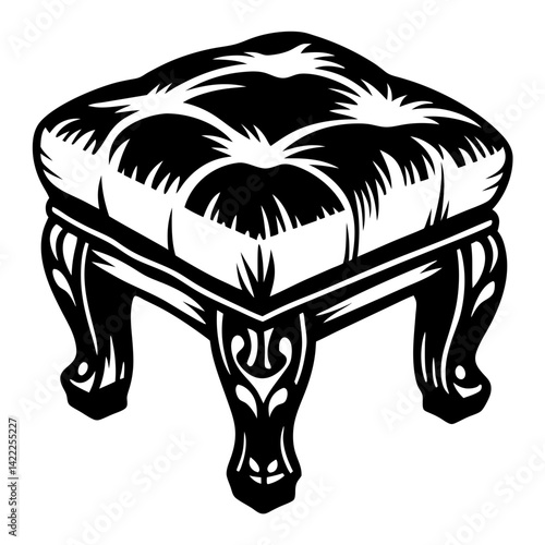 Elegant monochrome illustration of an ornate cushioned ottoman or footstool furniture