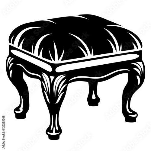 Stylized black and white image of an antique upholstered footstool
