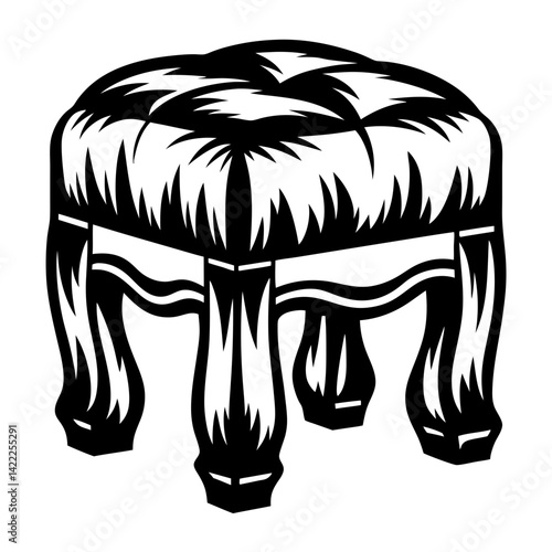 Monochrome illustration of an upholstered footstool or ottoman with turned legs