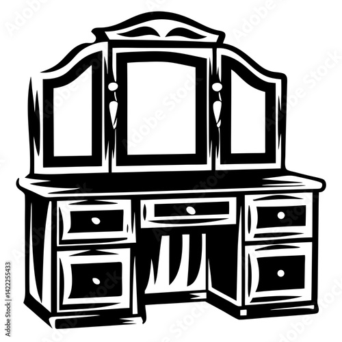 Stylized black and white drawing of a dressing table with a triple mirror