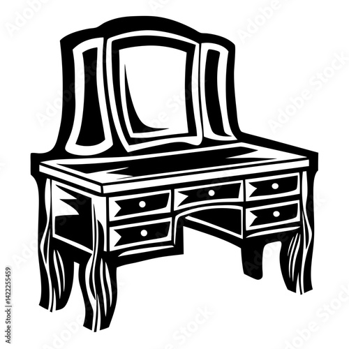 Monochrome vector illustration of an antique vanity table with a mirror