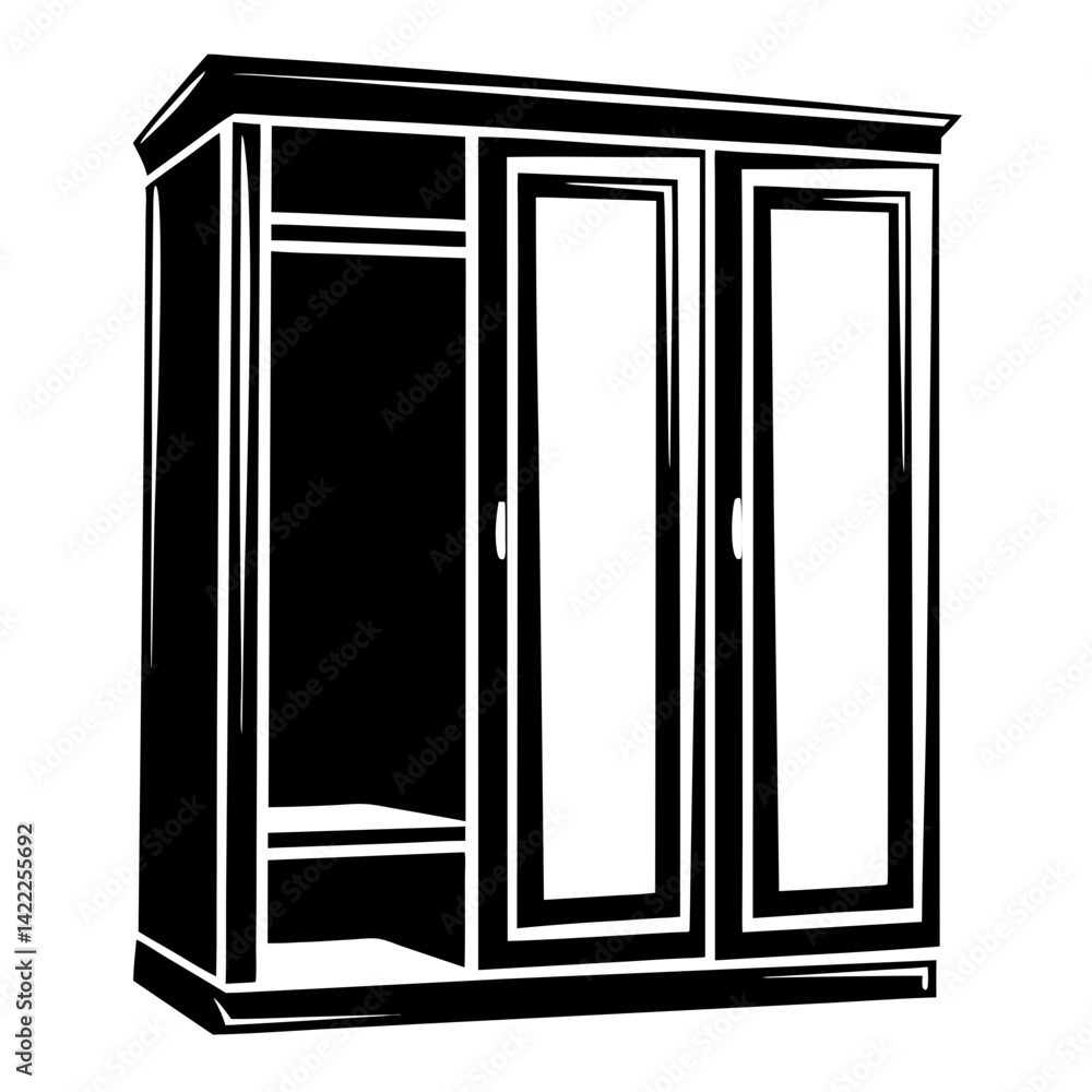Monochrome illustration of a large threedoor wardrobe for clothing storage Monochrome illustration of a large threedoor wardrobe for clothing storage