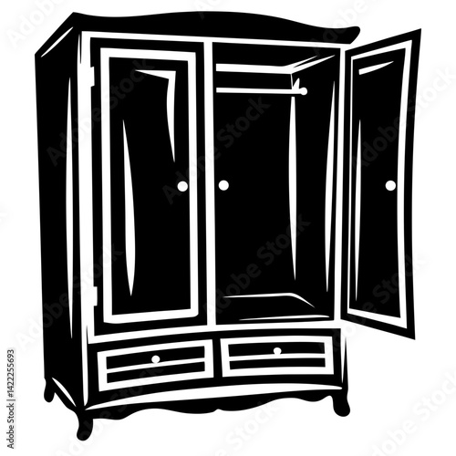Stylized Black and White Illustration of an Open Antique Wardrobe or Armoire