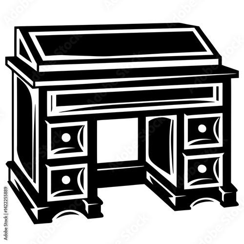 Black and white illustration of a vintage slant front secretary desk