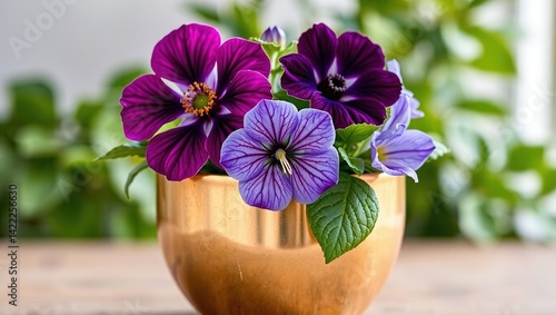 Wallpaper Mural Gold Pot Filled with Purple, Magenta, and Blue Flowers Torontodigital.ca