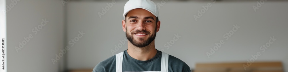 A man wearing a white hat and a blue shirt is smiling. He is standing in front of a wall A man wearing a white hat and a blue shirt is smiling. He is standing in front of a wall