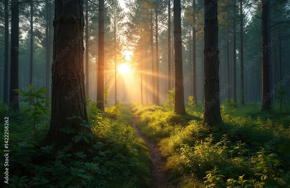 Fototapeta premium Boreal coniferous forest in Estonia during beautiful evening. Sun rays through trees, path leads into woods. Lush green environment, summer light, outdoor hiking, nature background.
